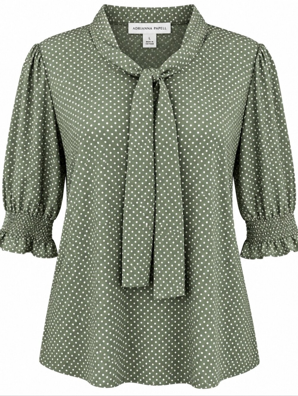 ADRIANNA‎ PAPELL | Green Polka Dot Tie Neck Smocked Puff Sleeve Blouse | L